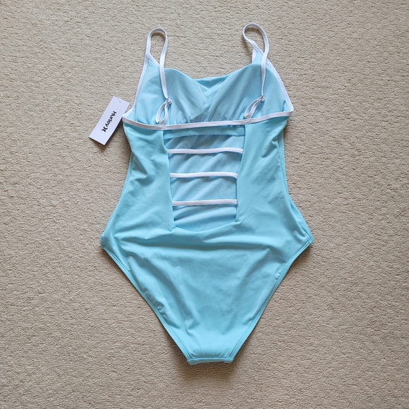 HURLEY Light Blue & White Hem Back Cutout Front Logo One Piece Swimsuit - Picture 7 of 8